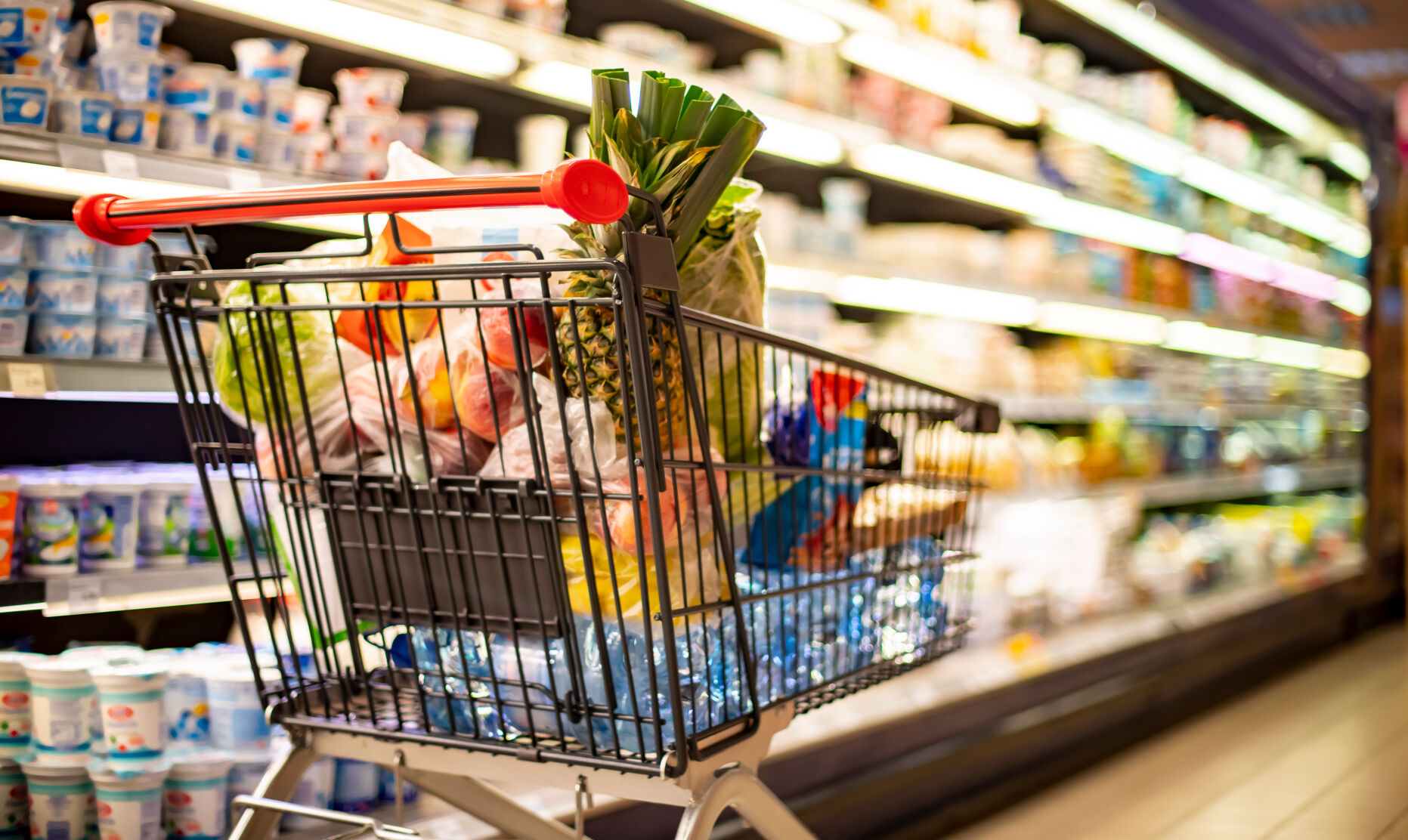 Shopping cart with groceries in a supermarket